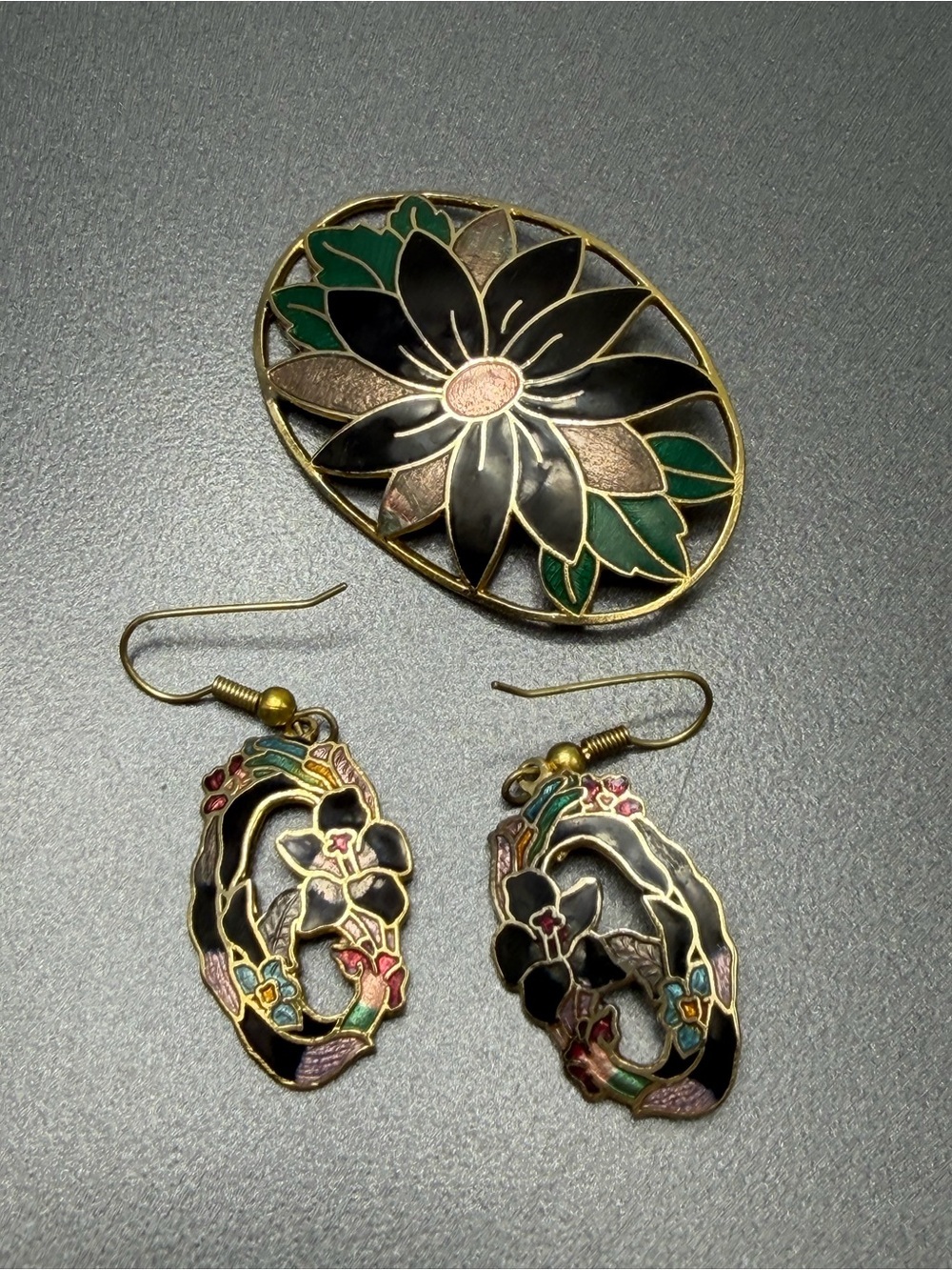 Vintage  Cloisonné Black and Green Brooch with Matching Earrings Set